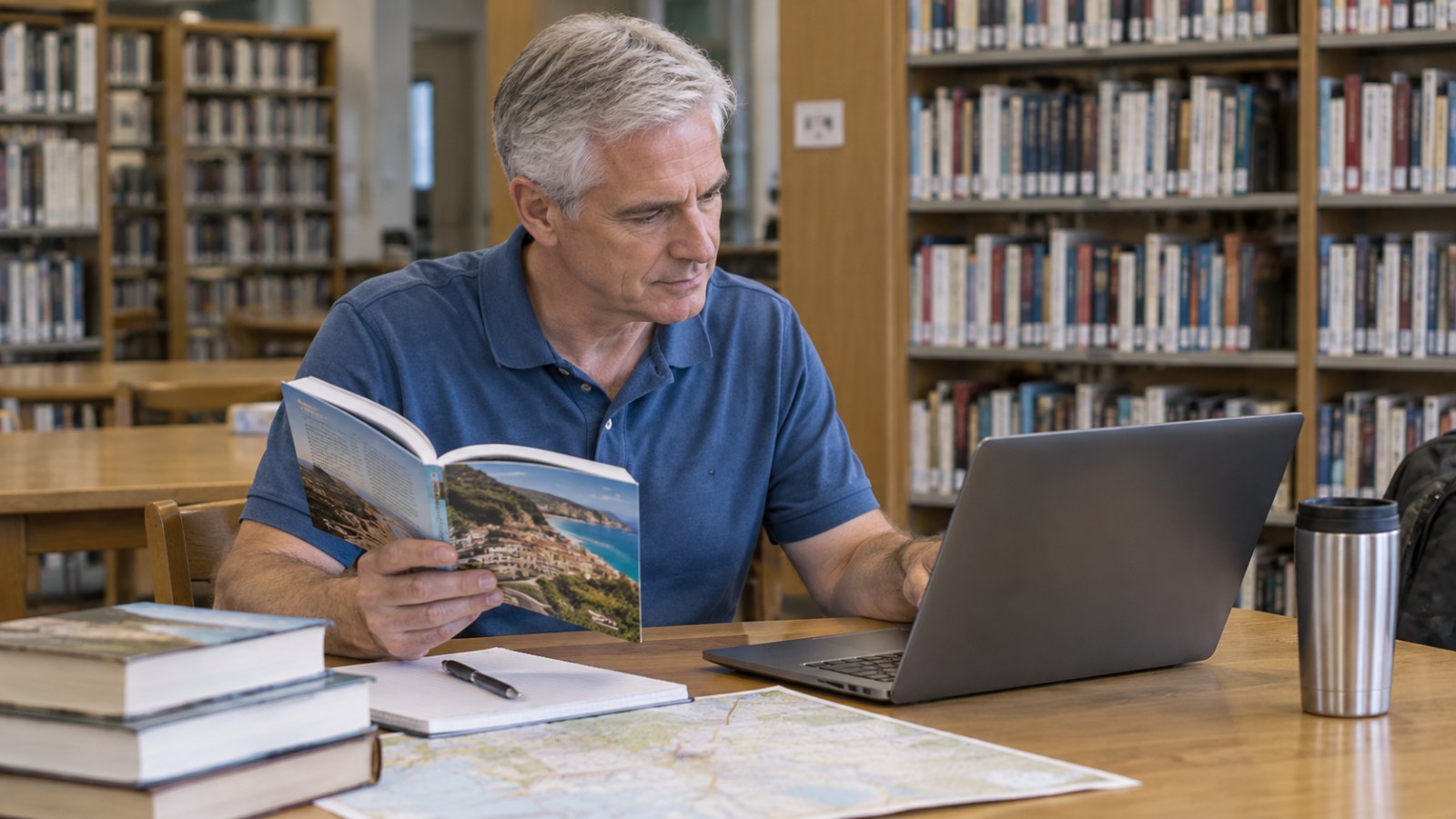 Older man comparing a guidebook with laptop information. Generated illustration.