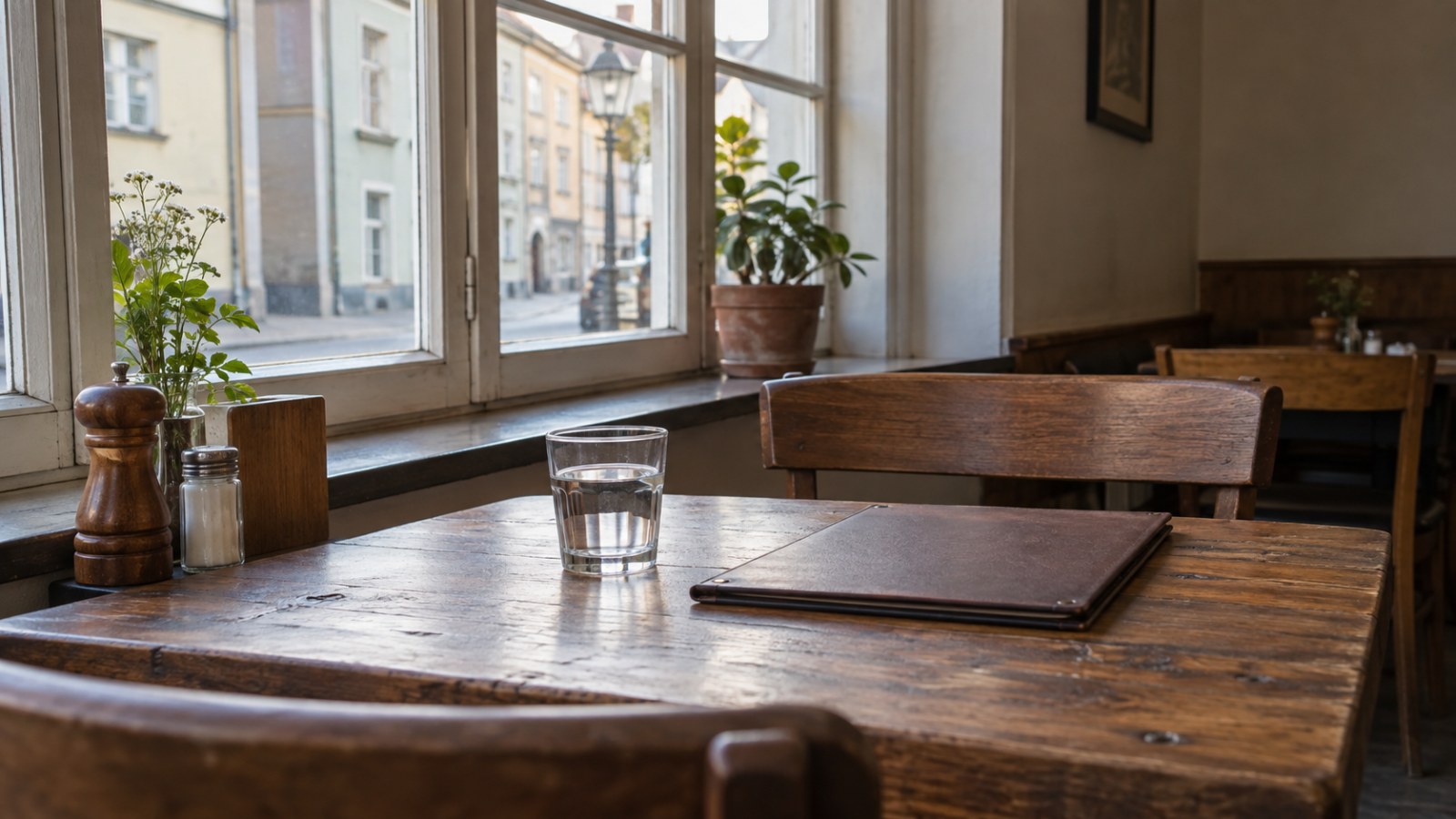 Restauranttisch mit Karte und Wasserglas am Fenster. Generierte Illustration.