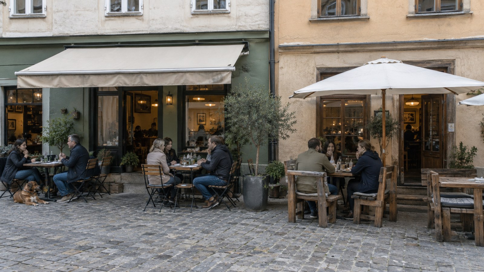 Zwei benachbarte Restaurants mit unterschiedlichen Terrassen. Generierte Illustration.