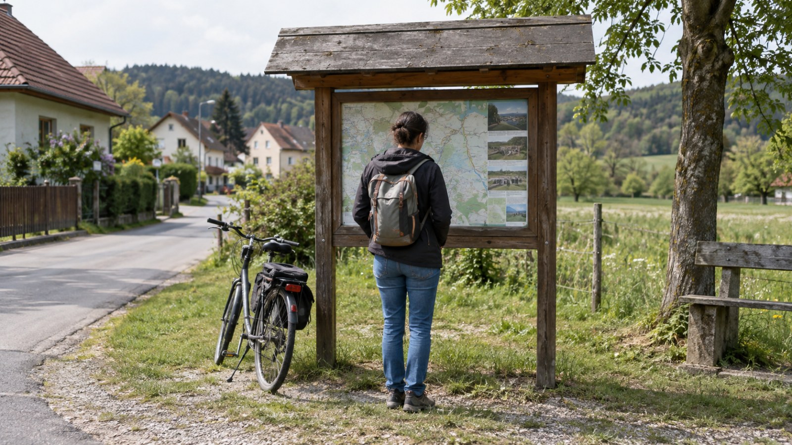 Walker consulting a village information board. Generated illustration.