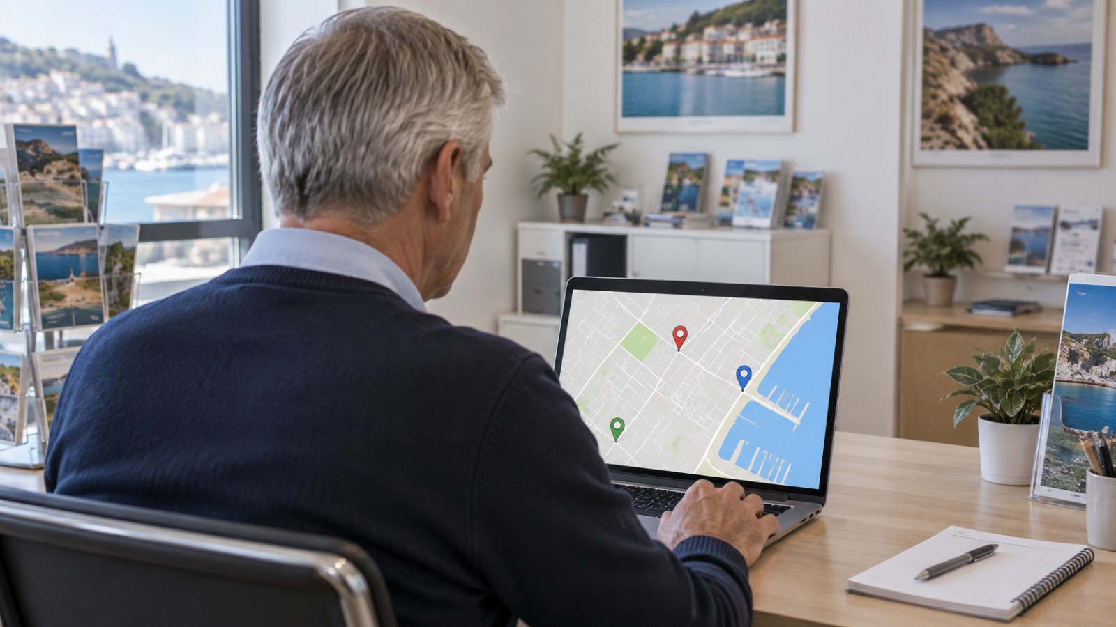 Worker reviewing mapped locations on an office monitor. Generated illustration.