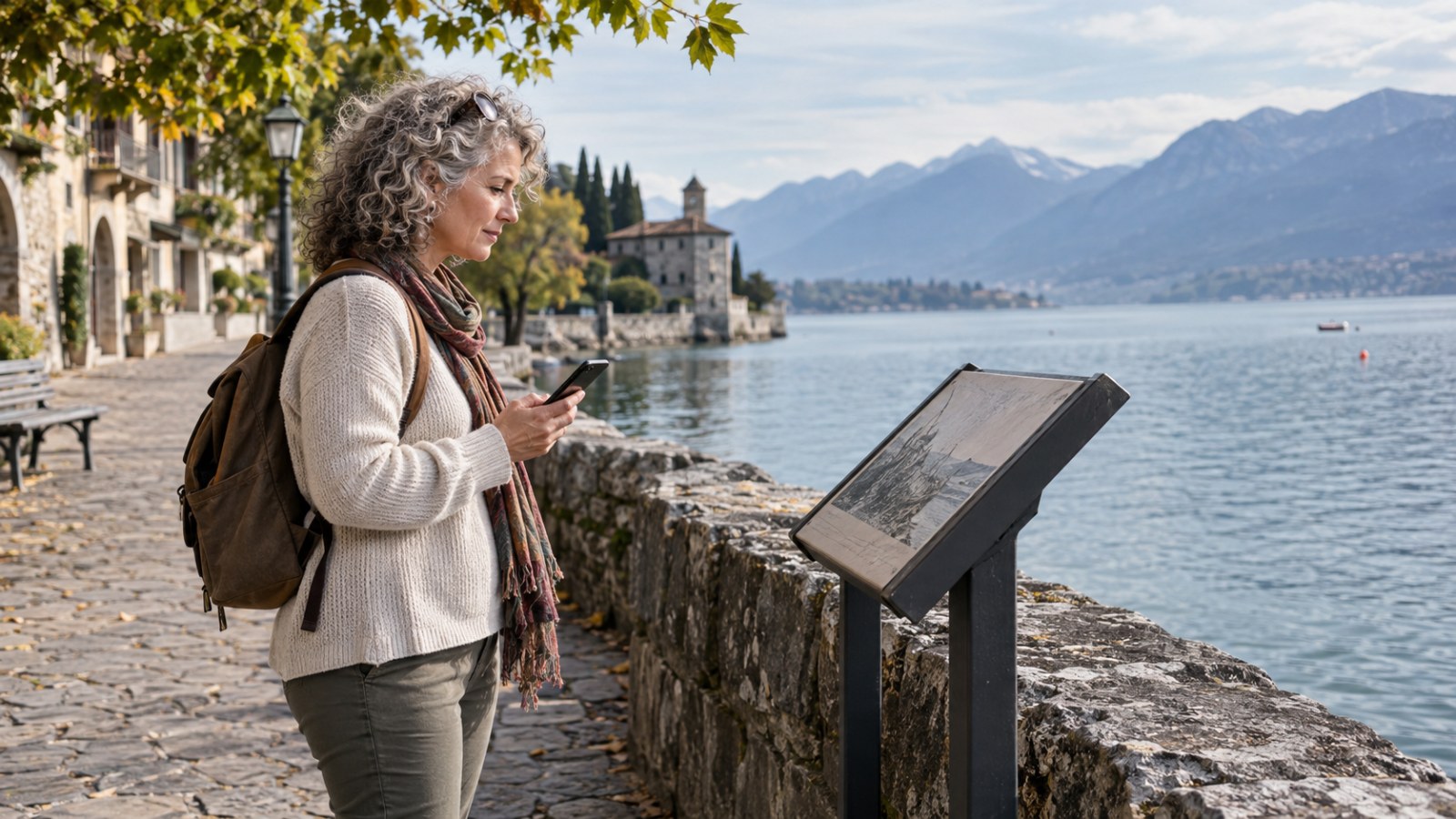 Visitor with a phone beside a lakeside interpretive sign. Generated illustration.