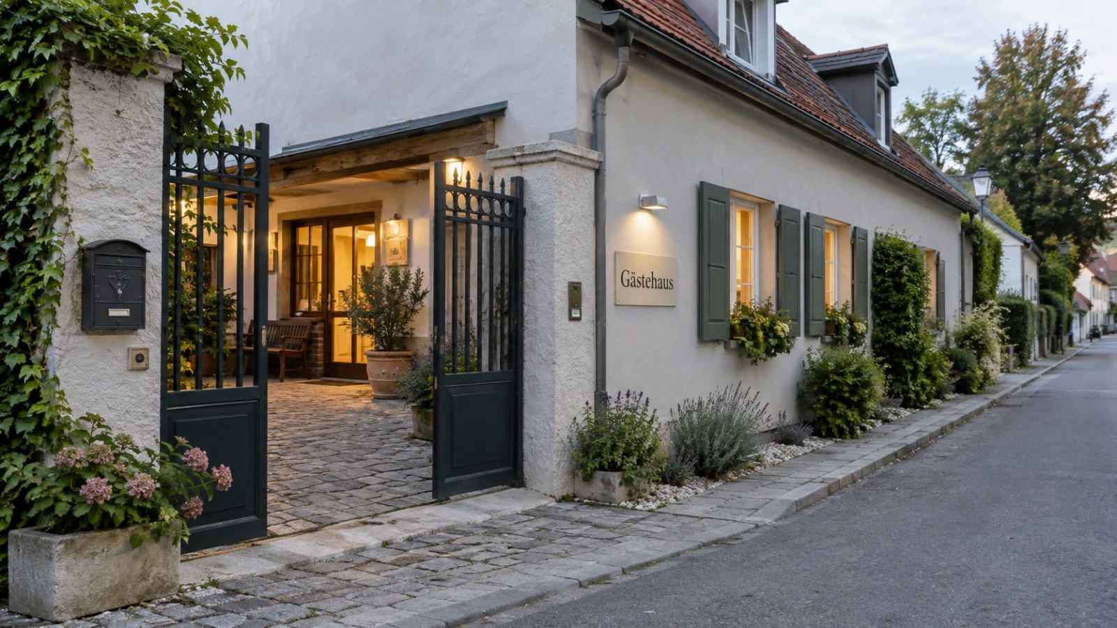 Village guesthouse with an open gate viewed from the street. Generated illustration.