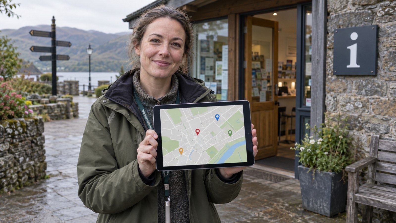 Guide showing a tablet map at an information point. Generated illustration.