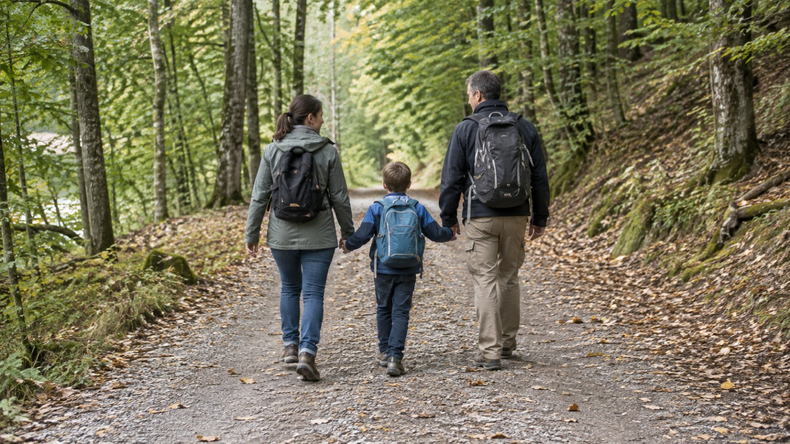 Family walking along a broad forest path. Generated illustration.