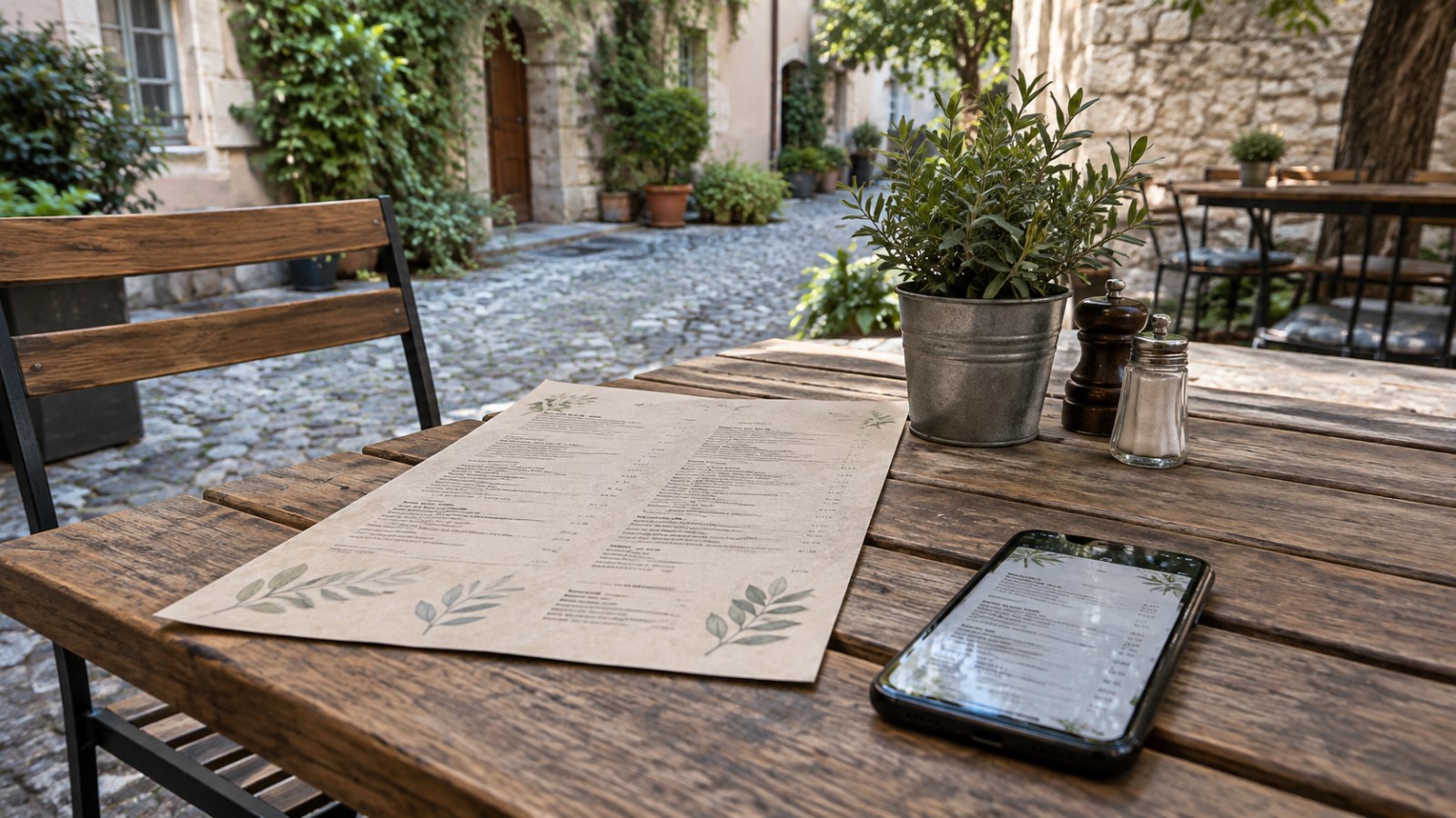 Papierspeisekarte und Smartphone auf einem Restauranttisch im Freien. Generierte Illustration.