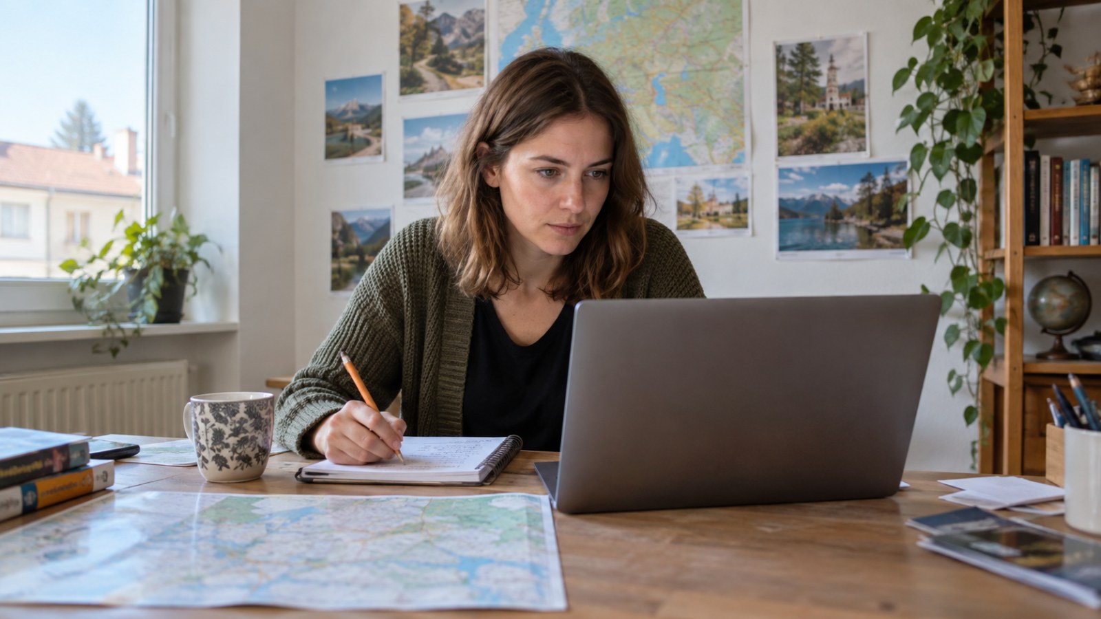Tourism worker using a laptop and notebook. Generated illustration.