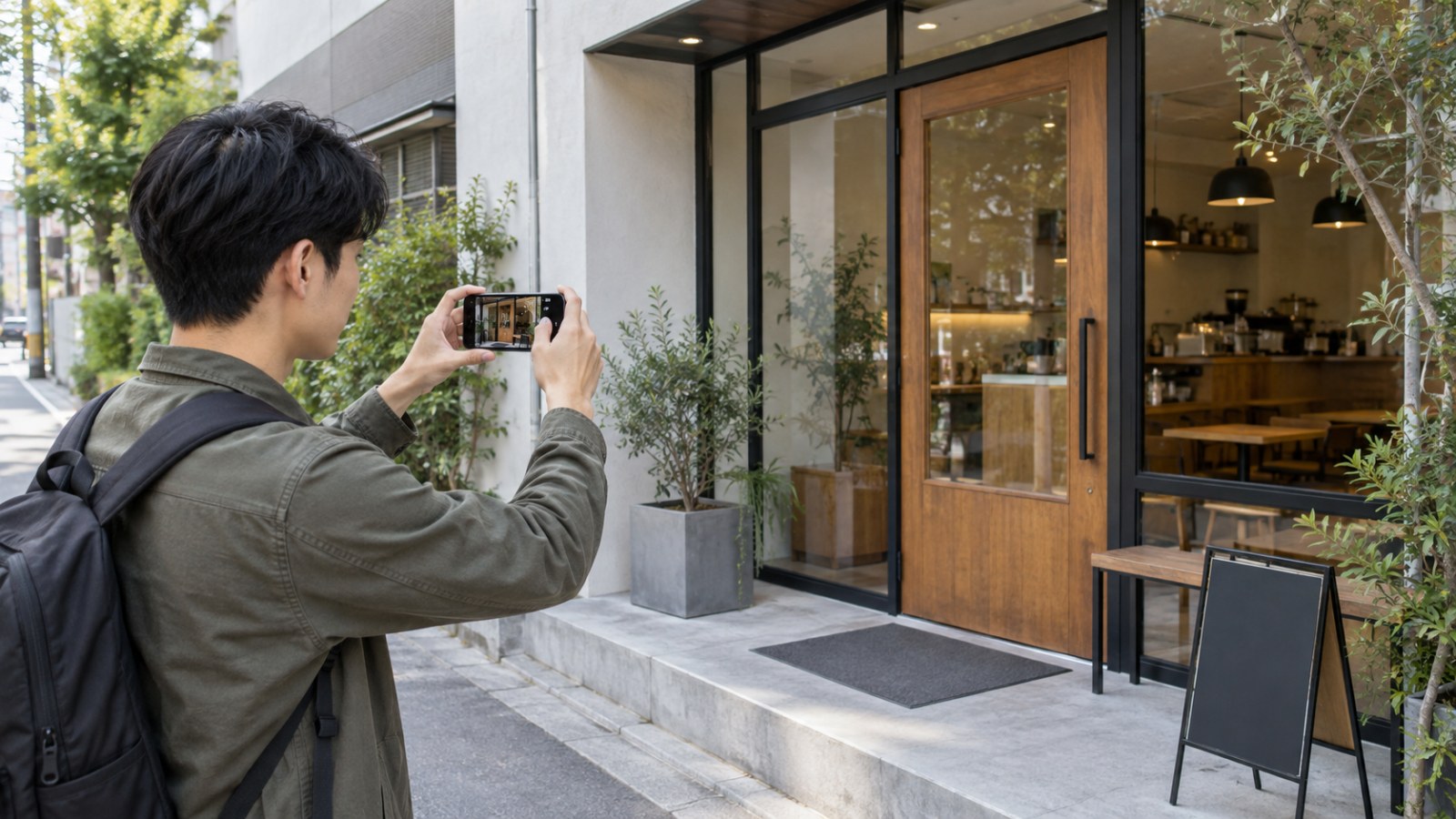 A café entrance being photographed with a phone. Generated illustration.