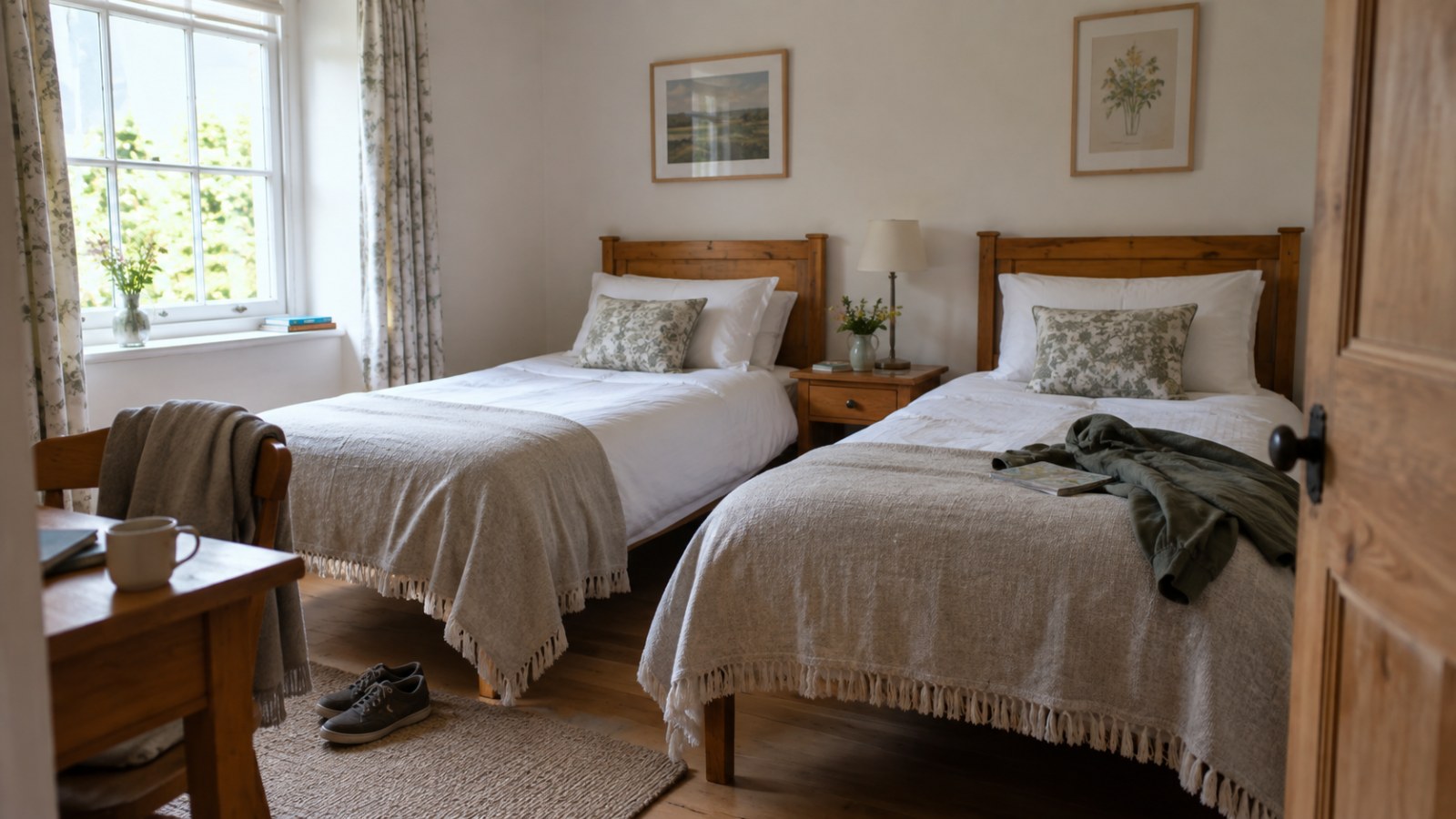 Guestroom with twin beds and natural light. Generated illustration.