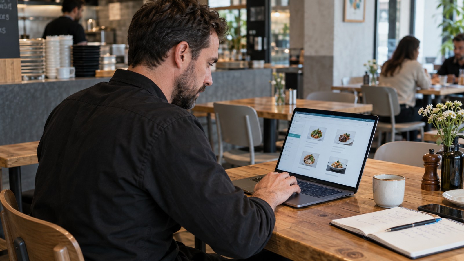 Restaurant worker reviewing a digital menu on a laptop. Generated illustration.