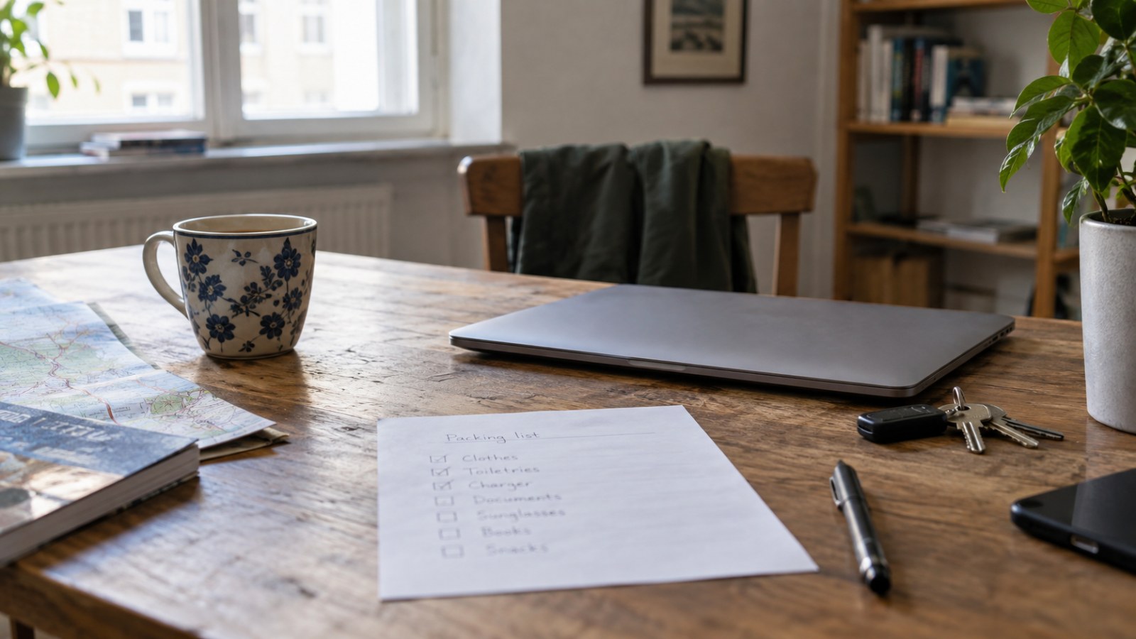 Paper checklist, keys and closed laptop on a desk. Generated illustration.
