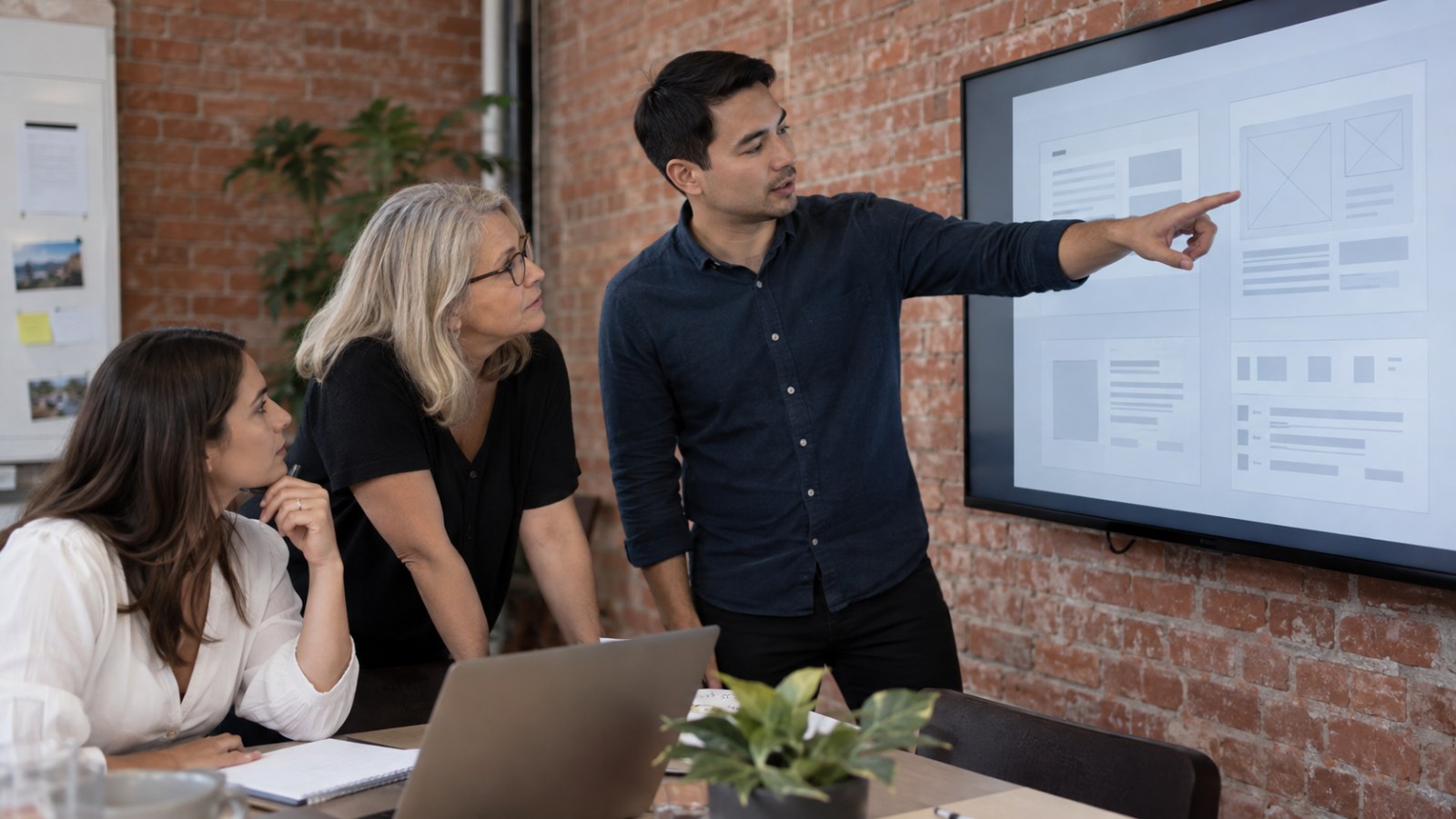 Three colleagues reviewing a website layout on a large display. Generated illustration.