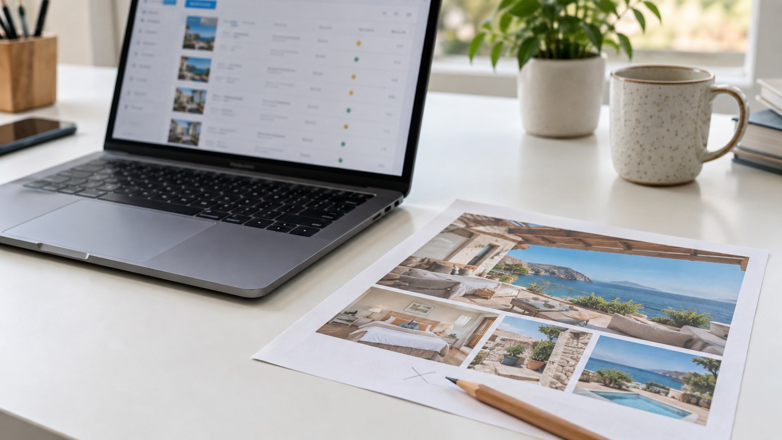 Laptop content list beside an accommodation brochure marked for correction. Generated illustration.