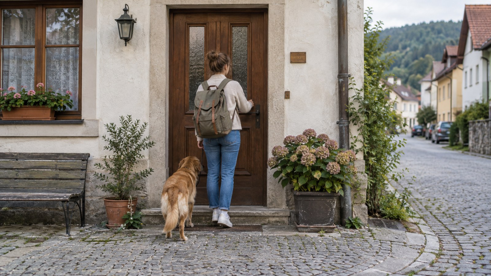Traveller and dog at a village guesthouse door. Generated illustration.
