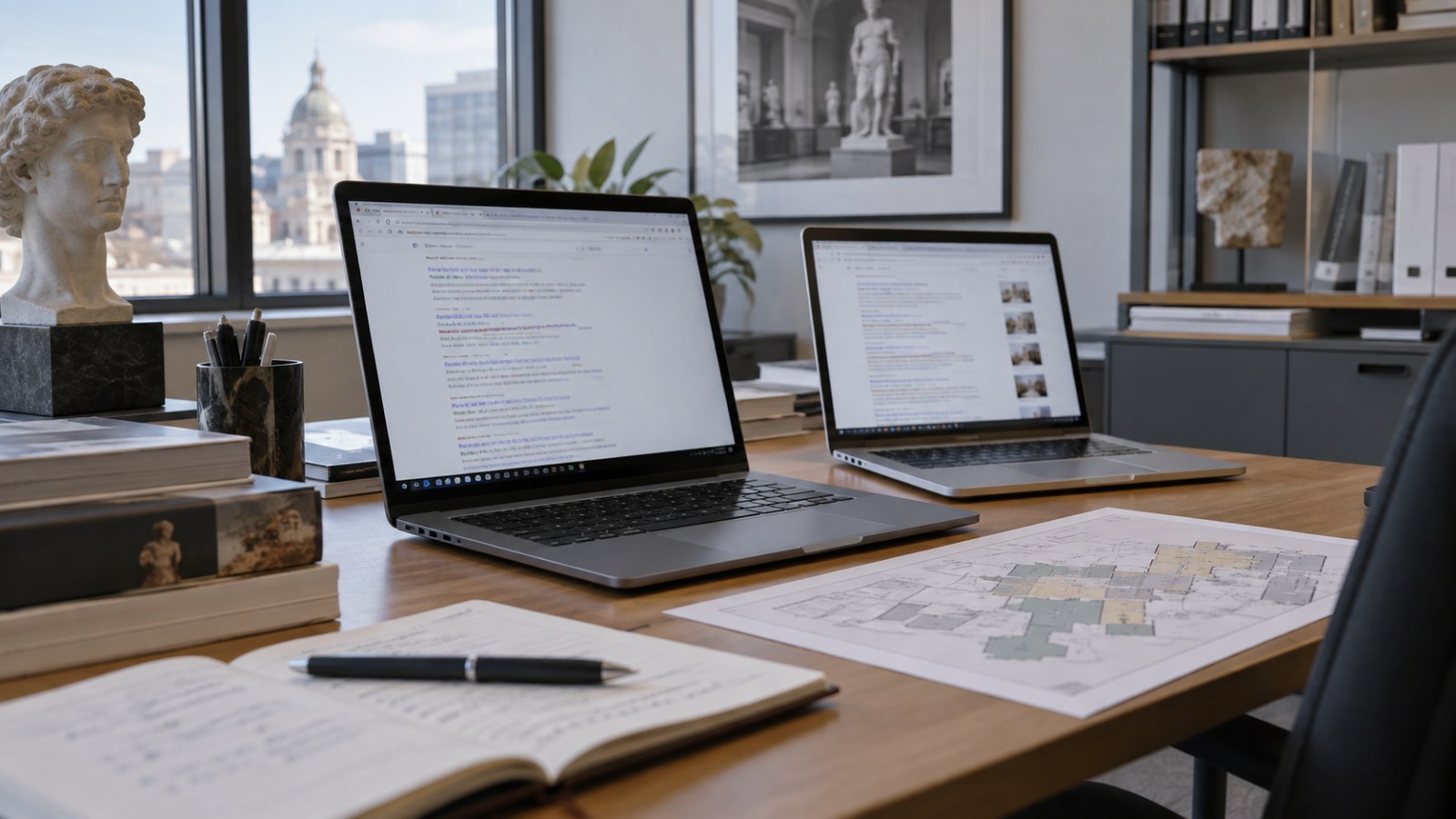 Two laptops showing search results in a museum office. Generated illustration.