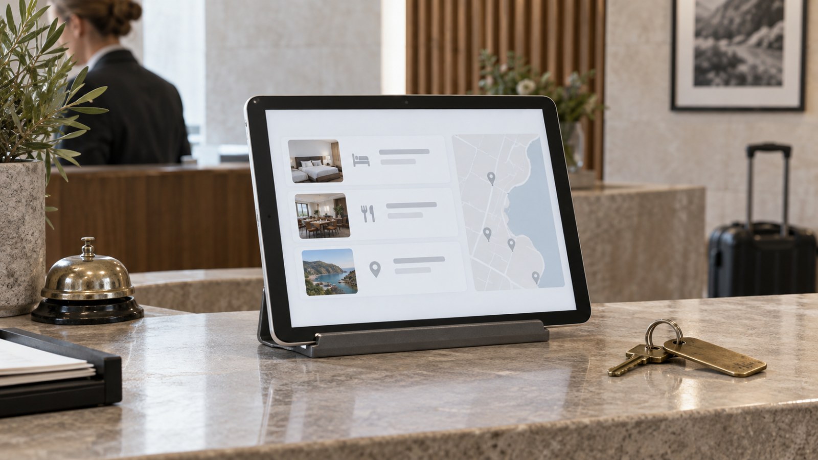 Tablet showing an article list on a reception counter. Generated illustration.