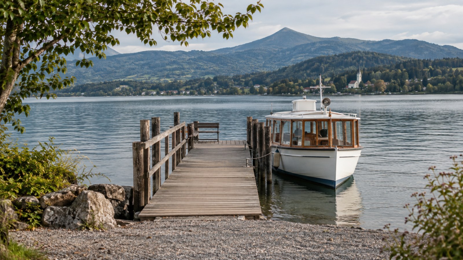 Small boat moored at a lakeside pier. Generated illustration.