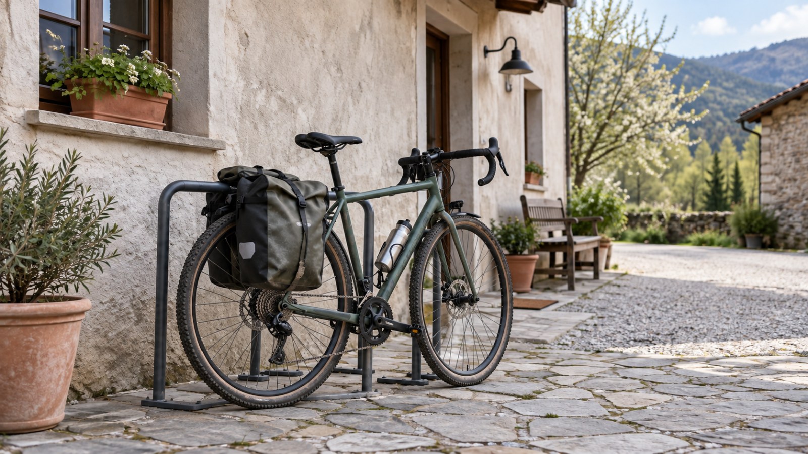 Bicycle with panniers in a rural guesthouse courtyard. Generated illustration.