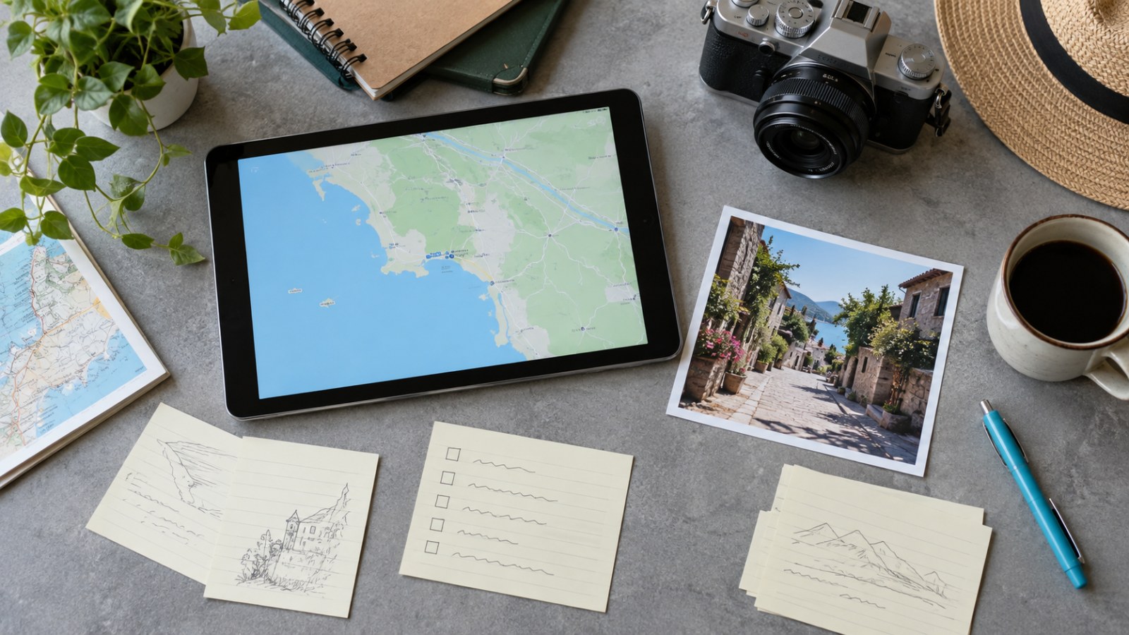 Draufsicht auf Tabletkarte, Planungskarten und Reisefoto. Generierte Illustration.