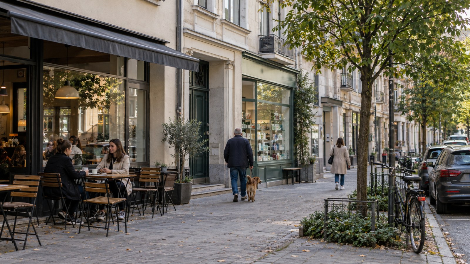 City street with a café and pedestrians. Generated illustration.