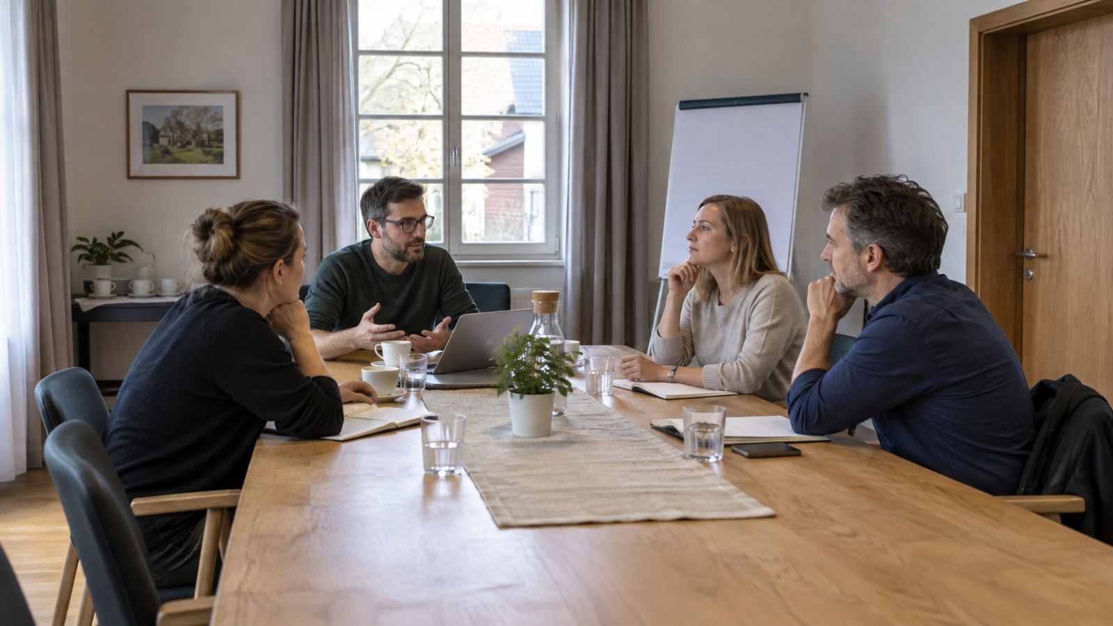 Teamgespräch an einem Besprechungstisch im Hotel. Generierte Illustration.