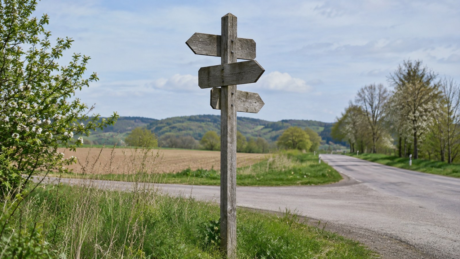 Wooden direction signs at a rural junction. Generated illustration.