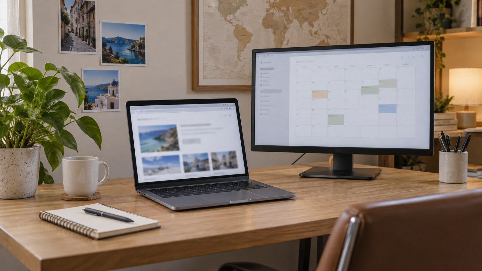 Laptop and calendar monitor on a tourism workspace desk. Generated illustration.