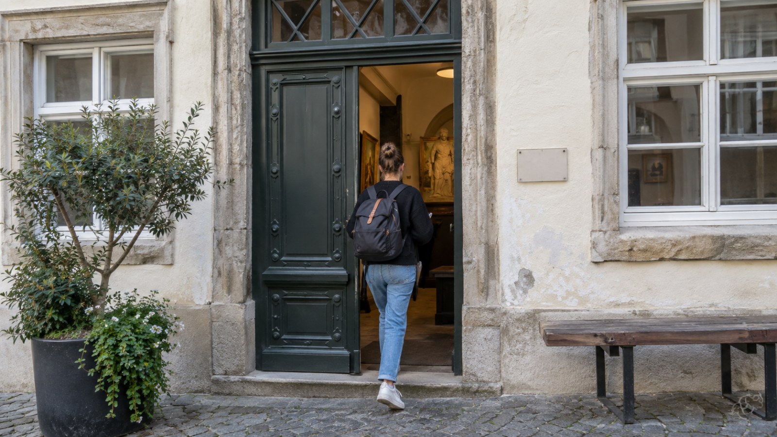 Visitor entering a small museum. Generated illustration.