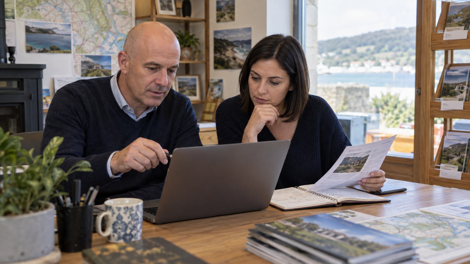 Two colleagues comparing laptop content and printed information. Generated illustration.