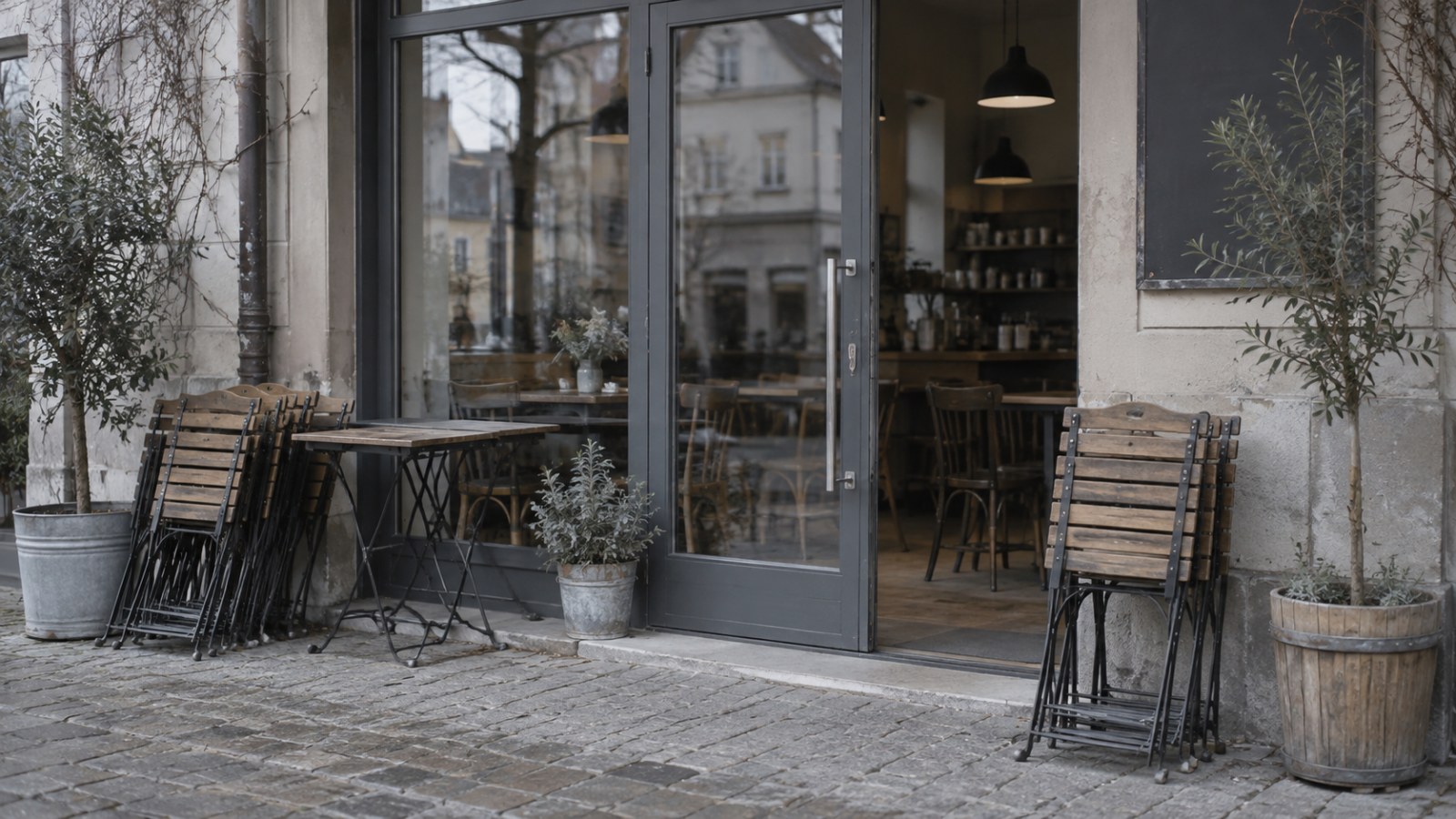 Café entrance with folded chairs before opening. Generated illustration.