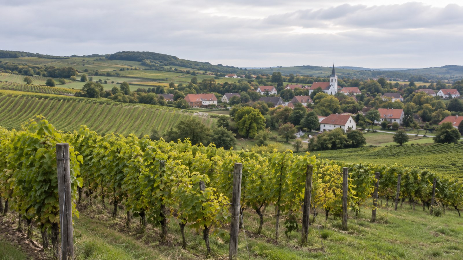 Weinreihen auf sanften Hügeln neben einem Dorf. Generierte Illustration.