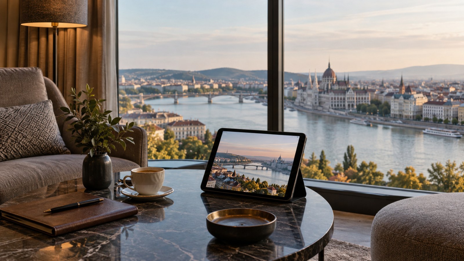 Tablet with a city panorama in front of a river view. Generated illustration.