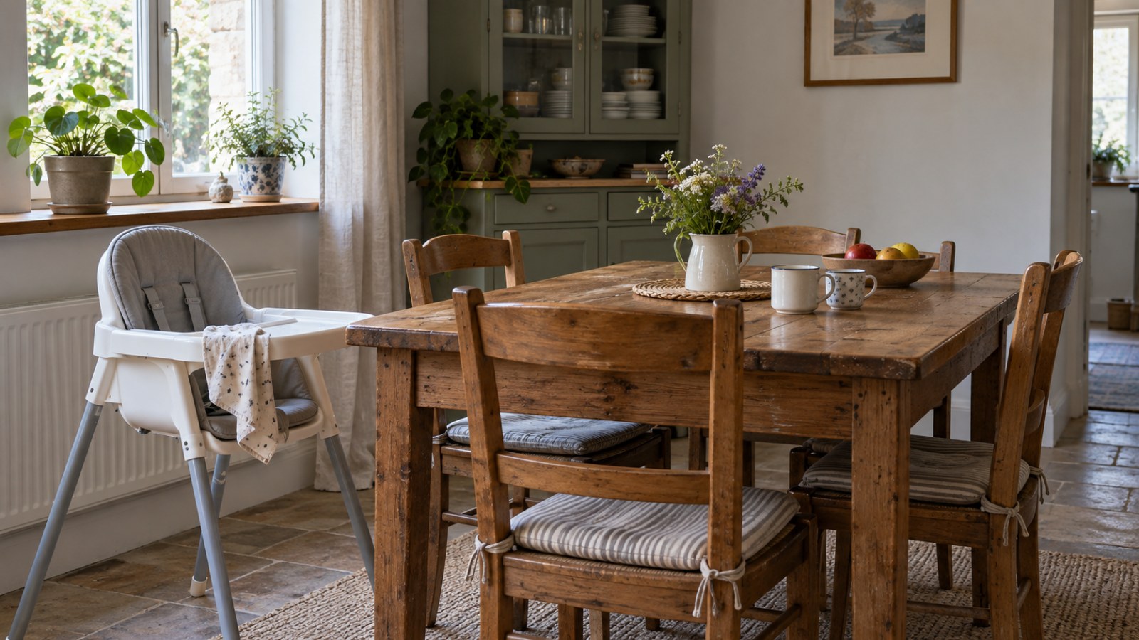 Guesthouse dining area with a high chair beside the table. Generated illustration.