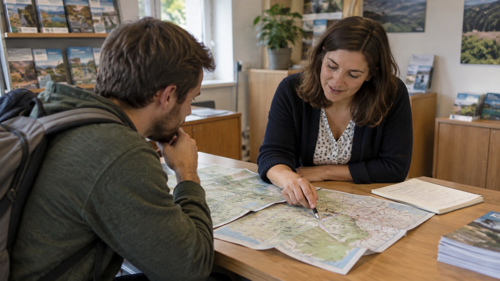 Visitor and tourism adviser reviewing a paper map. Generated illustration.