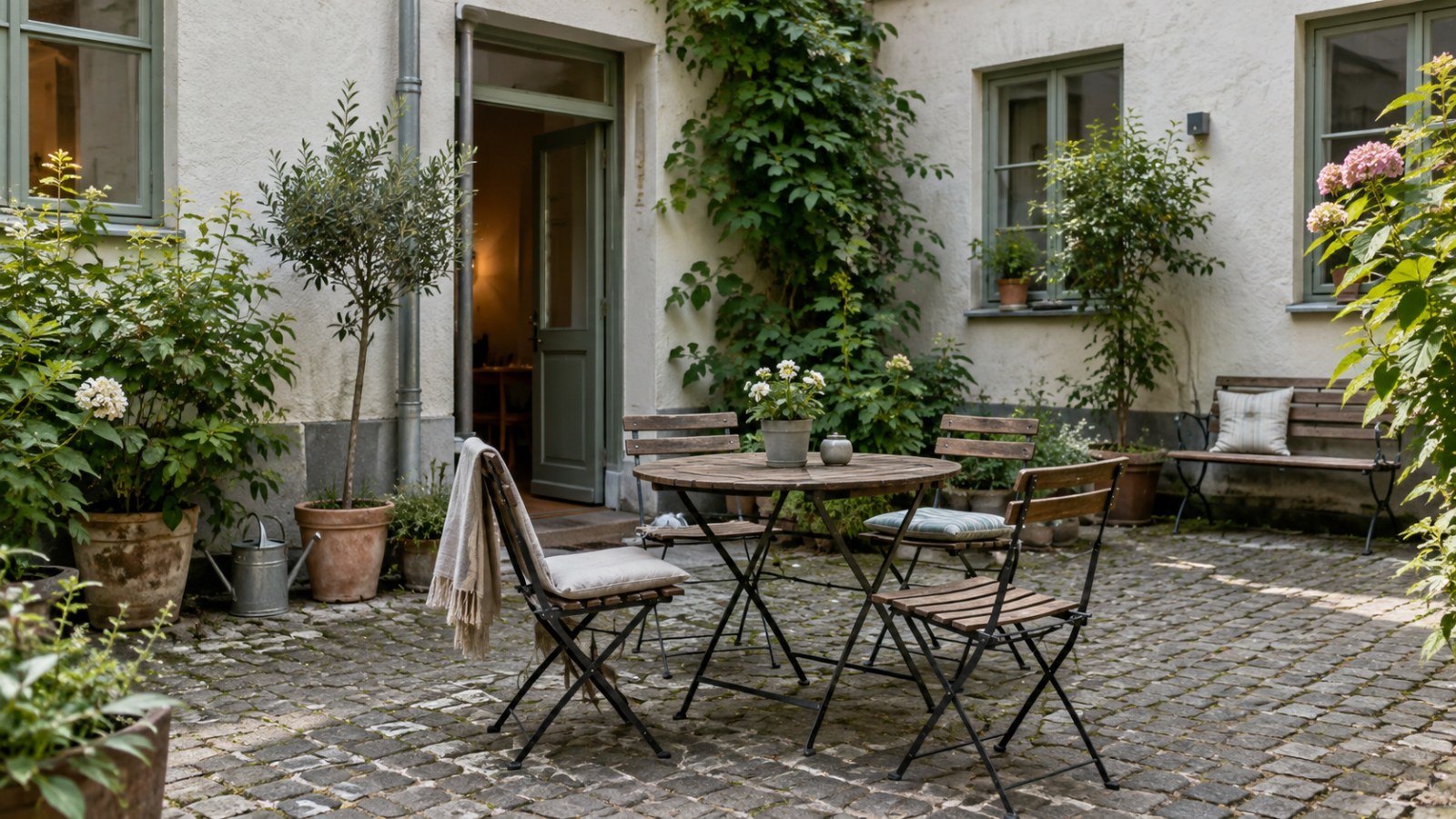 Guesthouse courtyard with plants and outdoor chairs. Generated illustration.