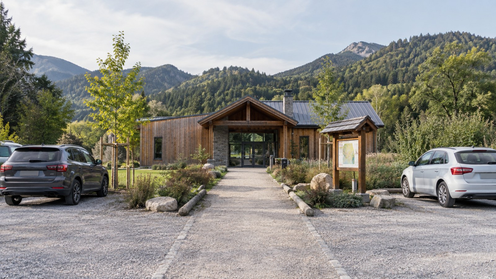 Visitor centre with parking and a pedestrian approach. Generated illustration.