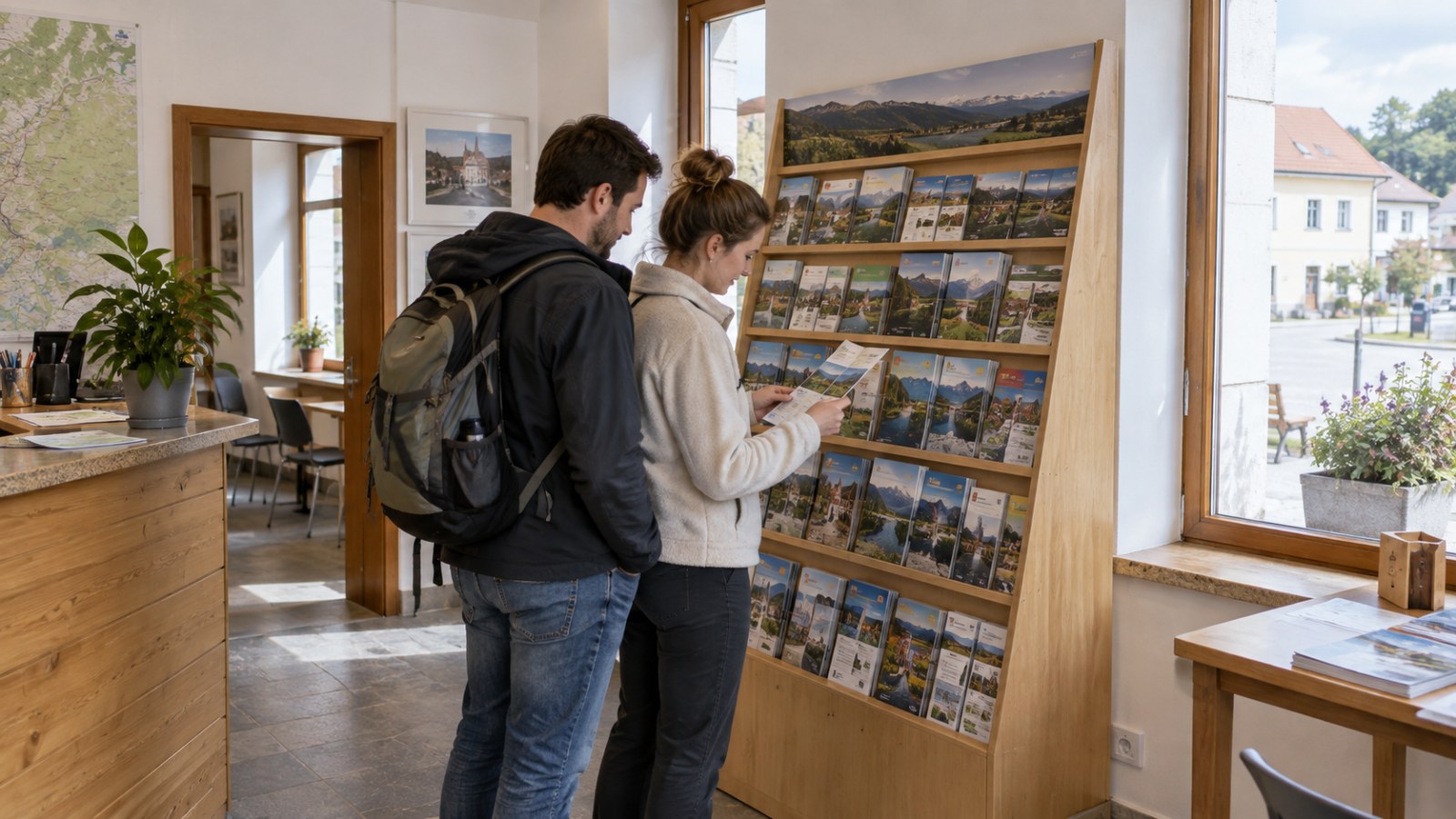 Travellers browsing brochures in a tourism office. Generated illustration.