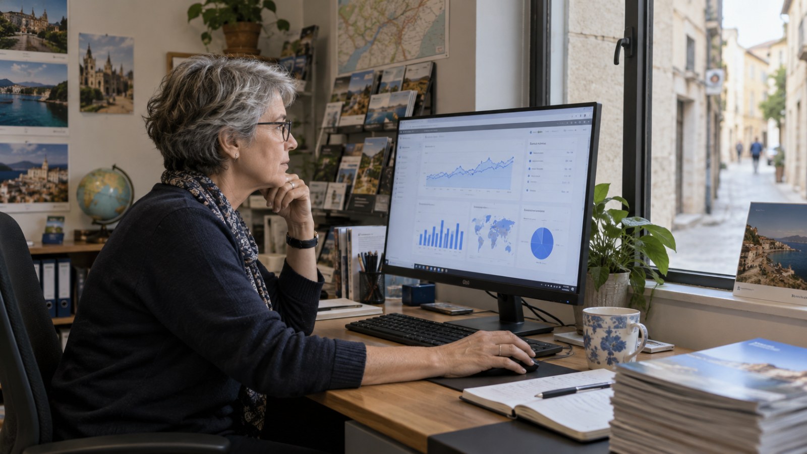 Woman in glasses reviewing website traffic charts on a monitor. Generated illustration.