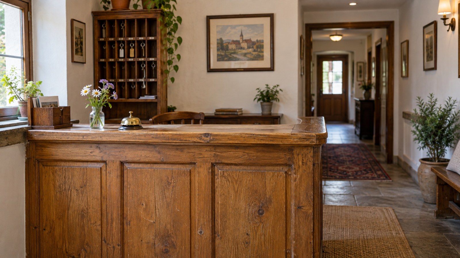Guesthouse reception with a wooden counter and bell. Generated illustration.