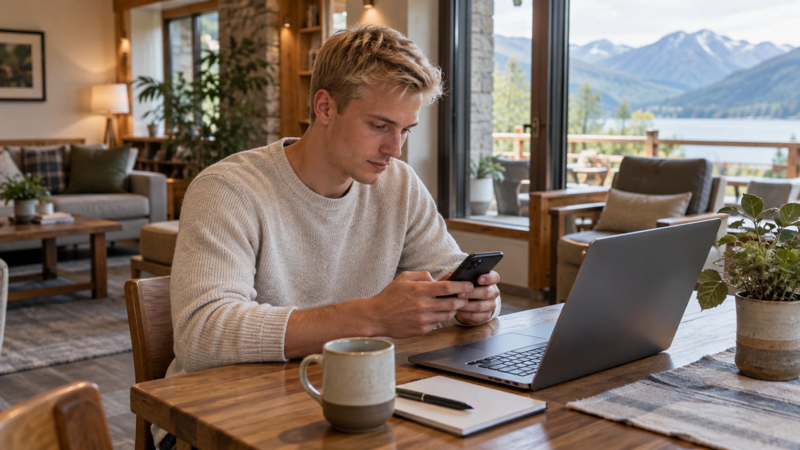 Junger Mann nutzt ein Smartphone neben einem offenen Laptop. Generierte Illustration.