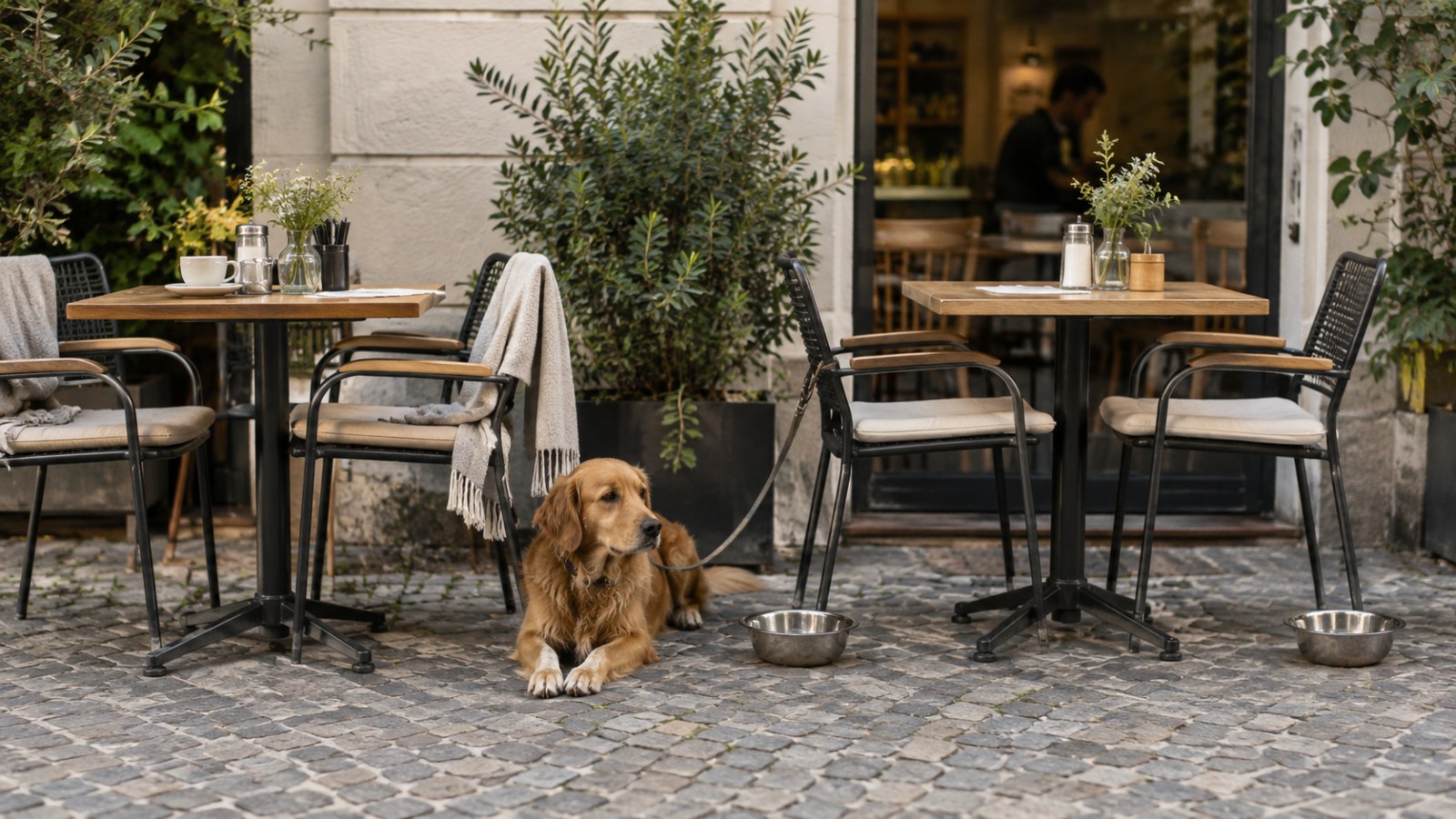 Dog resting beside a water bowl on a café terrace. Generated illustration.