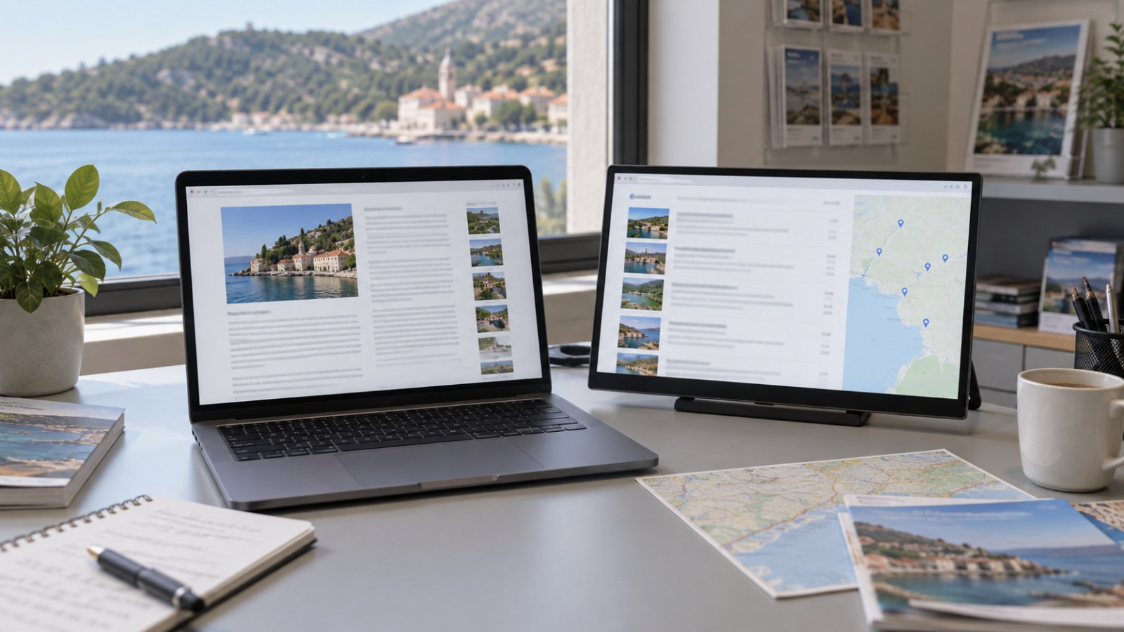 Laptop and monitor showing tourism pages and a map. Generated illustration.