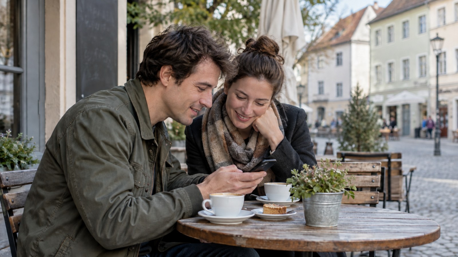 Two travellers looking at a phone on a café terrace. Generated illustration.