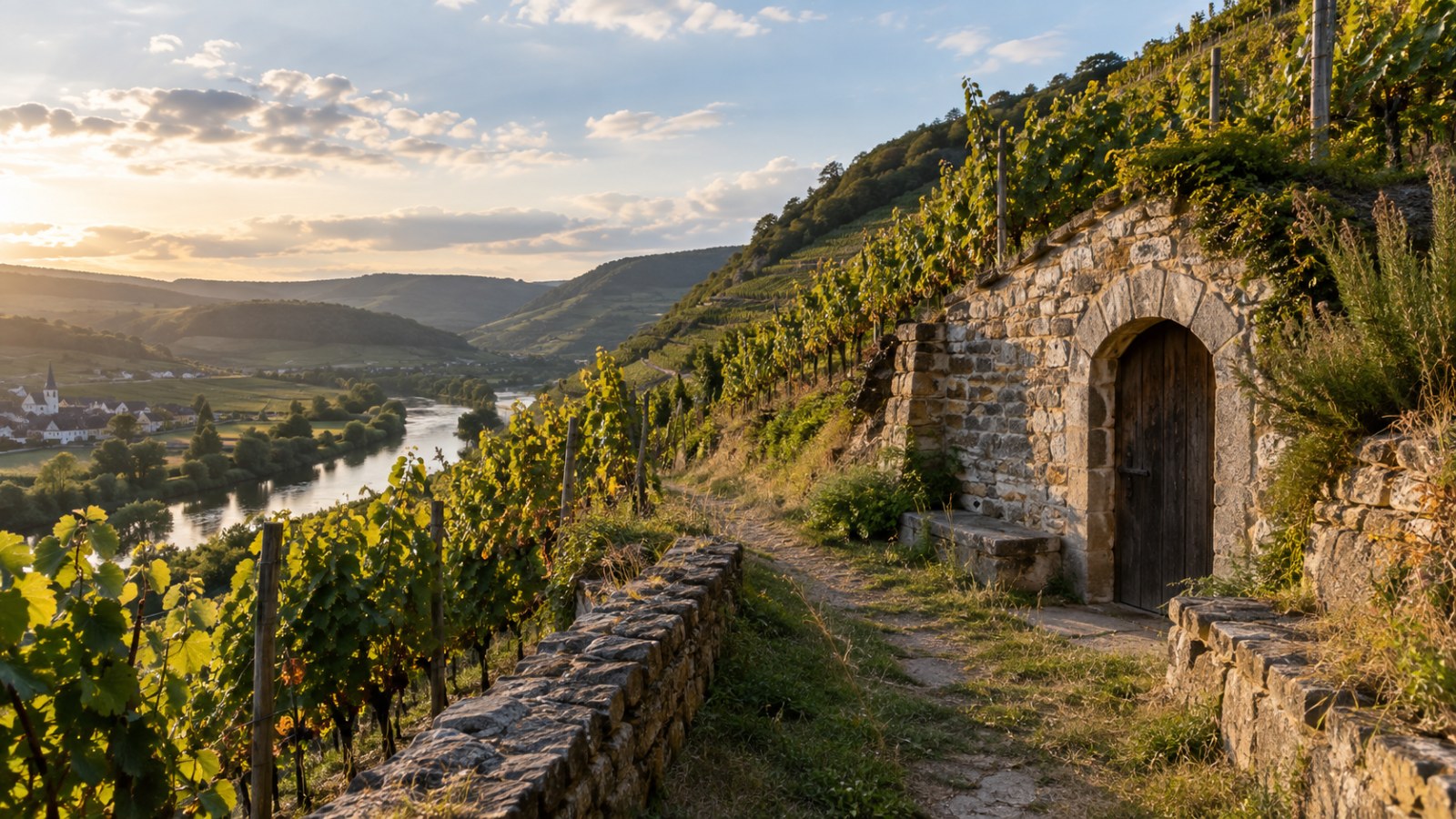 Vineyard hillside with a stone cellar and narrow path. Generated illustration.