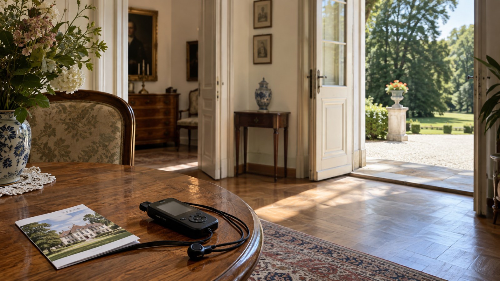 Audio-guide device in a manor interior with a park beyond. Generated illustration.