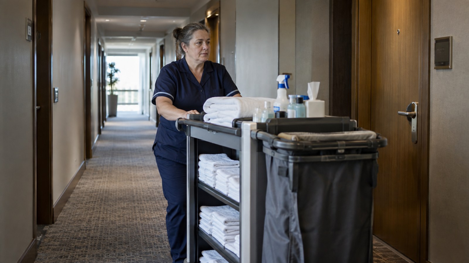 Hotel worker arranging linen on a housekeeping trolley. Generated illustration.