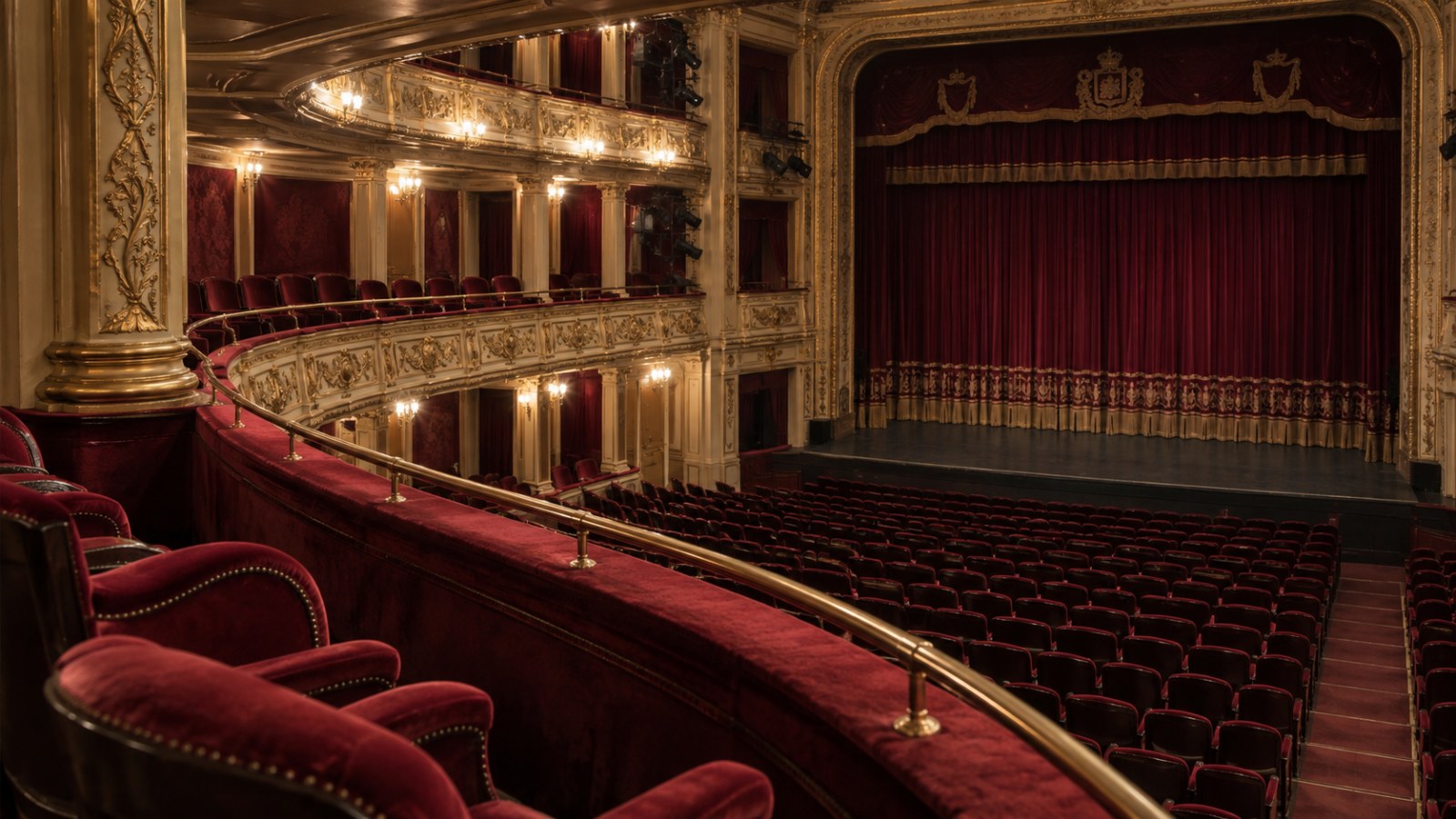 Theatre auditorium viewed from a side box. Generated illustration.