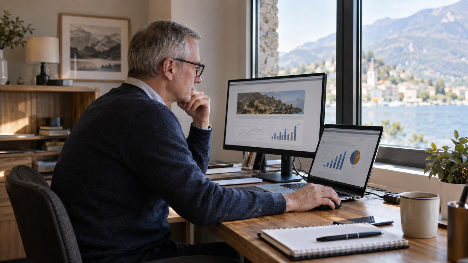 Älterer Mann prüft Informationen an Laptop und Monitor. Generierte Illustration.